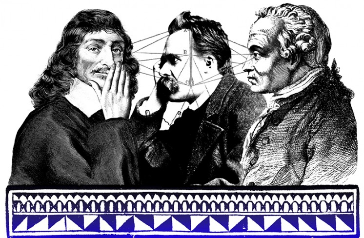 Descartes, Nietzsche, Kant looking at each other